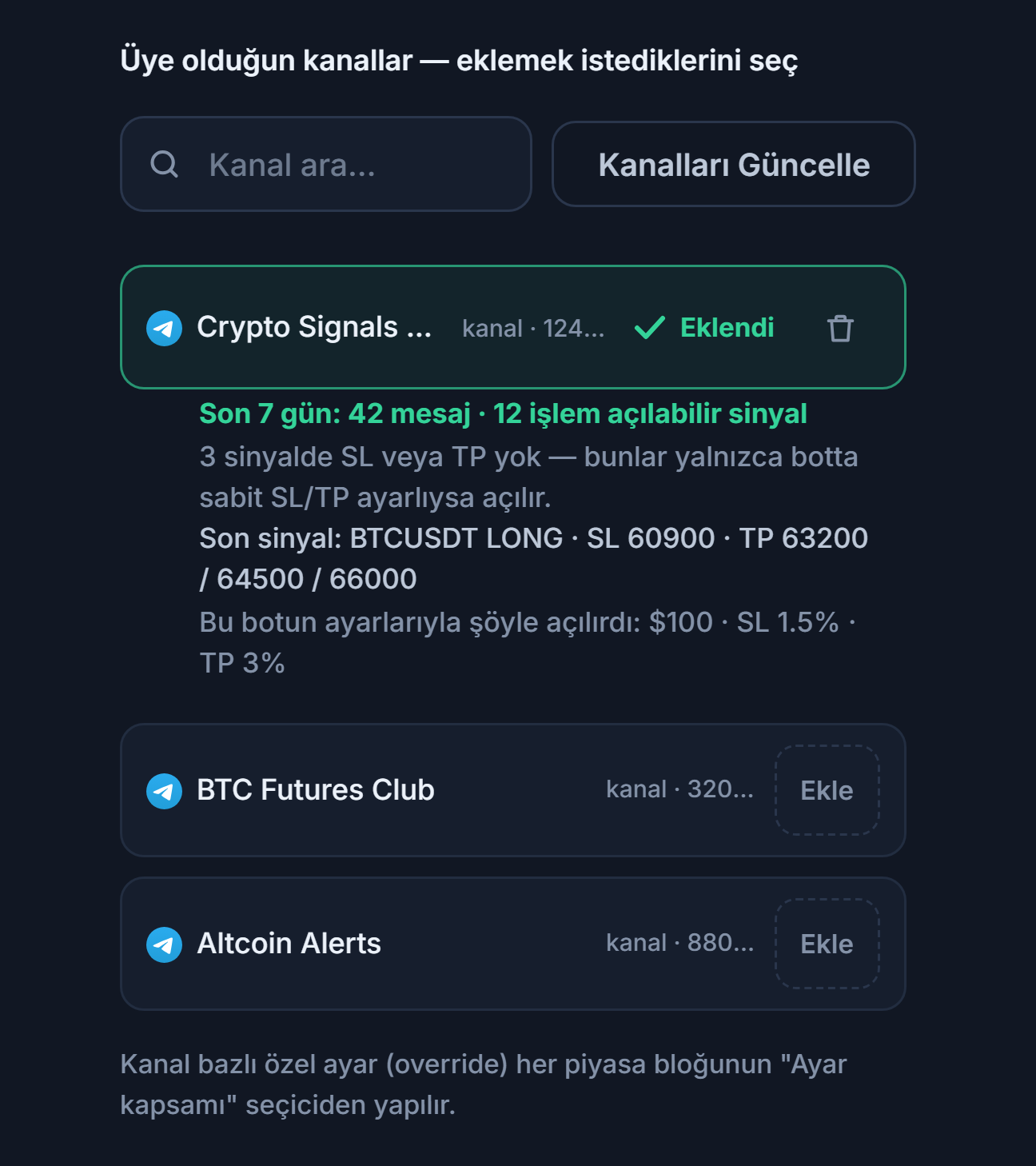 Sinyal Kanalları bölümü bağlandıktan sonra: kanal arama kutusu, Kanalları Güncelle düğmesi, Ekle düğmeli kanallar, eklenmiş bir kanalda Eklendi işareti ve altında 7 günlük kanal karnesi