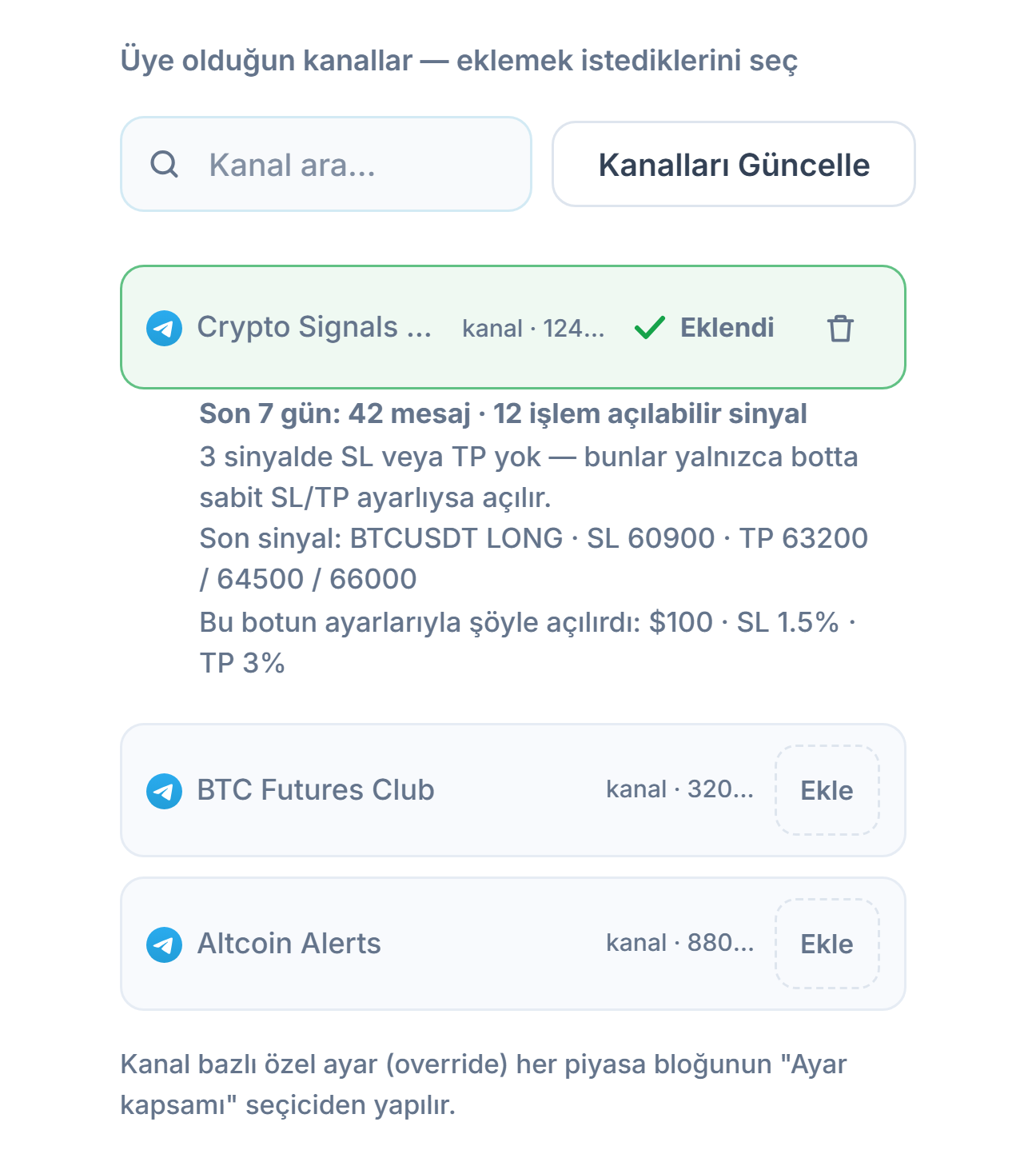 Sinyal Kanalları bölümü bağlandıktan sonra: kanal arama kutusu, Kanalları Güncelle düğmesi, Ekle düğmeli kanallar, eklenmiş bir kanalda Eklendi işareti ve altında 7 günlük kanal karnesi