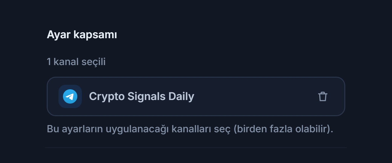 Ayar kapsamı bölümü kanal eklendikten sonra: 1 kanal seçili sayacı, yeşil tikli seçili kanal çipi ve çipteki kaldır düğmesi