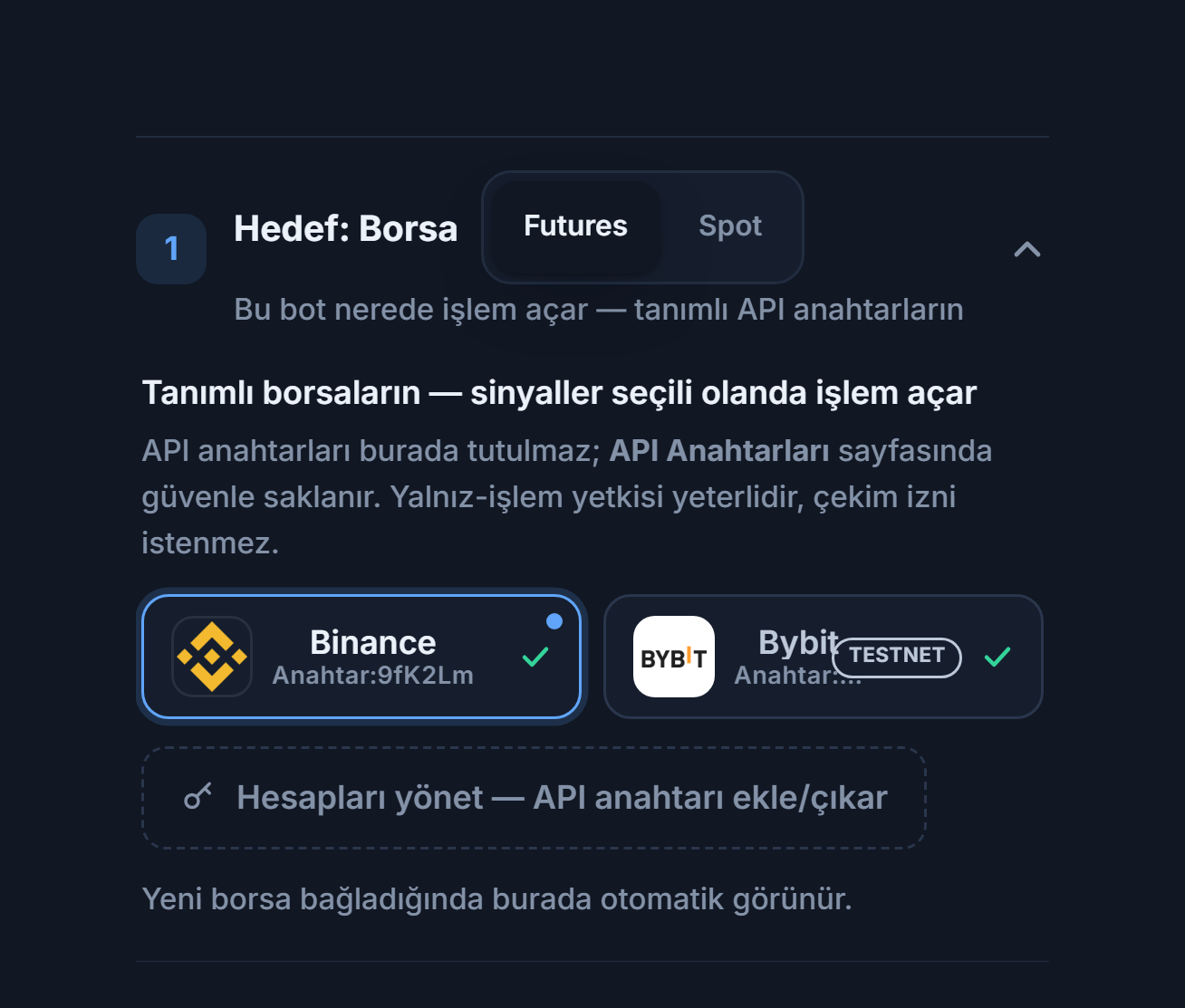 Hedef: Borsa bölümü API anahtarı bağlandıktan sonra: Futures/Spot seçimi, mavi çerçeveli seçili Binance kartı, TESTNET rozetli Bybit kartı ve Hesapları yönet bağlantısı