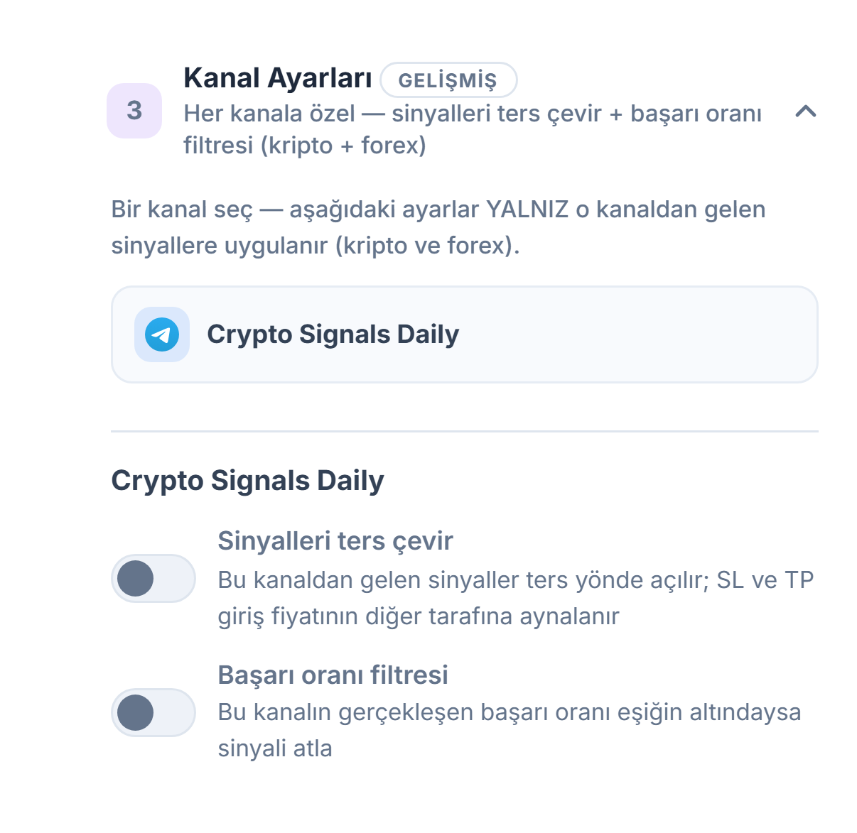 Kanal Ayarları akordeonu: seçili kanal satırı çerçeveli, altında Sinyalleri ters çevir ve Başarı oranı filtresi anahtarları