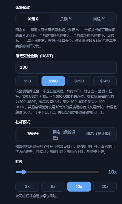 仓位大小与杠杆：固定美元模式、每笔交易金额、杠杆模式和杠杆滑块