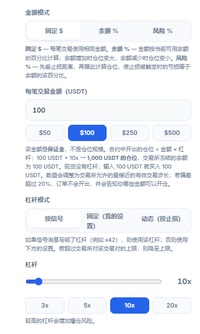 仓位大小与杠杆：固定美元模式、每笔交易金额、杠杆模式和杠杆滑块