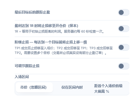 止损/止盈管理栏：跟踪止盈、保本、阶梯止损、可调节跟踪止损及其激活/回撤字段、入场区域