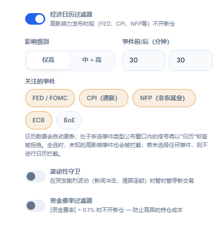 保护盾市场栏：经济日历过滤器、影响级别、事件前后分钟数、关注的事件、波动性守卫和资金费率过滤器
