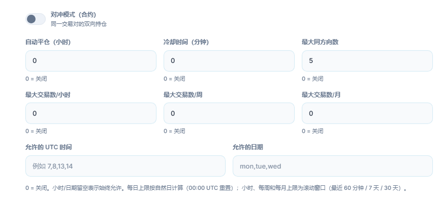 高级执行：对冲模式、自动平仓、冷却时间、最大同方向数、每小时/每周/每月交易限额、允许的 UTC 时间和允许的日期