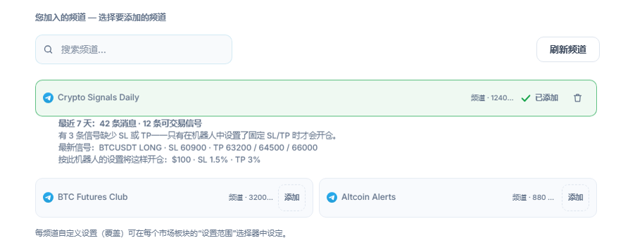 连接后的信号频道部分：频道搜索框、刷新频道按钮、带添加按钮的频道、已添加频道上的“已添加”标记，以及其下方的 7 天频道报告