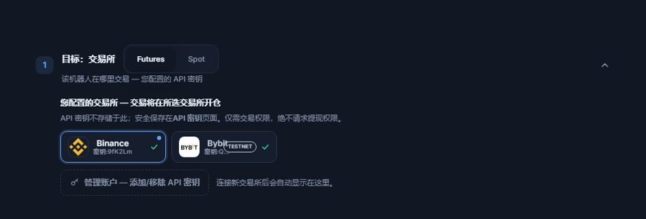 连接 API 密钥后的目标：交易所部分：合约/现货选择、带蓝色边框的已选 Binance 卡片、带 TESTNET 标记的 Bybit 卡片，以及管理账户链接