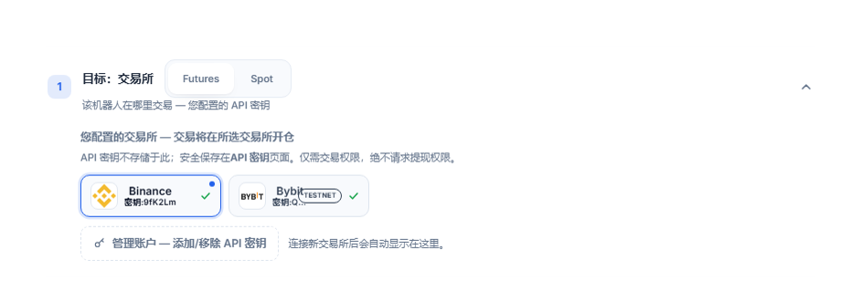 连接 API 密钥后的目标：交易所部分：合约/现货选择、带蓝色边框的已选 Binance 卡片、带 TESTNET 标记的 Bybit 卡片，以及管理账户链接