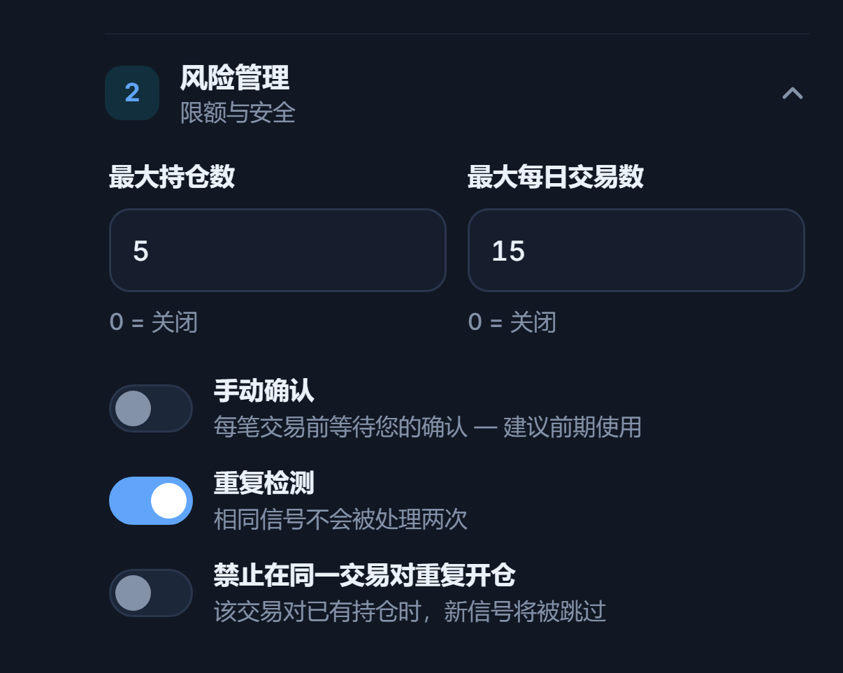 高级风险管理：最大持仓数与每日交易数、手动确认与红色警告、重复检测、禁止在同一交易对重复开仓、平仓前允许的分钟数