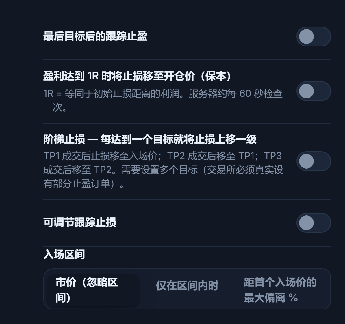 止损/止盈管理栏：跟踪止盈、保本、阶梯止损、可调节跟踪止损及其激活/回撤字段、入场区域
