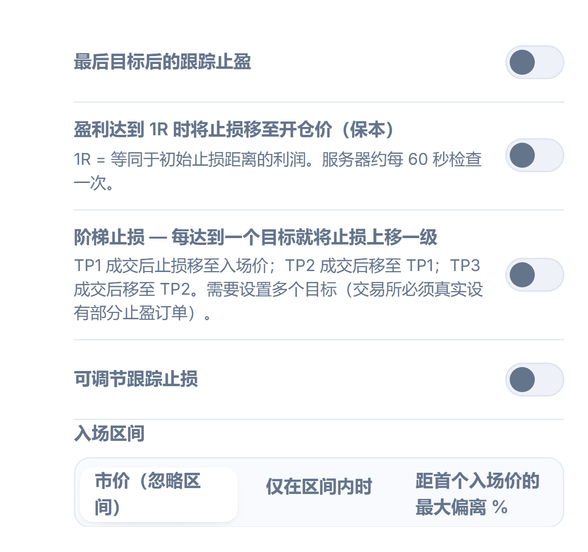 止损/止盈管理栏：跟踪止盈、保本、阶梯止损、可调节跟踪止损及其激活/回撤字段、入场区域