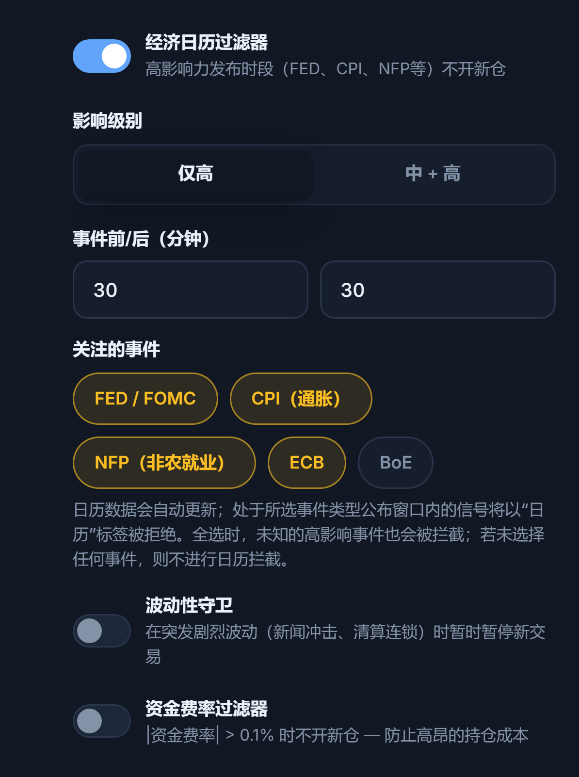 保护盾市场栏：经济日历过滤器、影响级别、事件前后分钟数、关注的事件、波动性守卫和资金费率过滤器