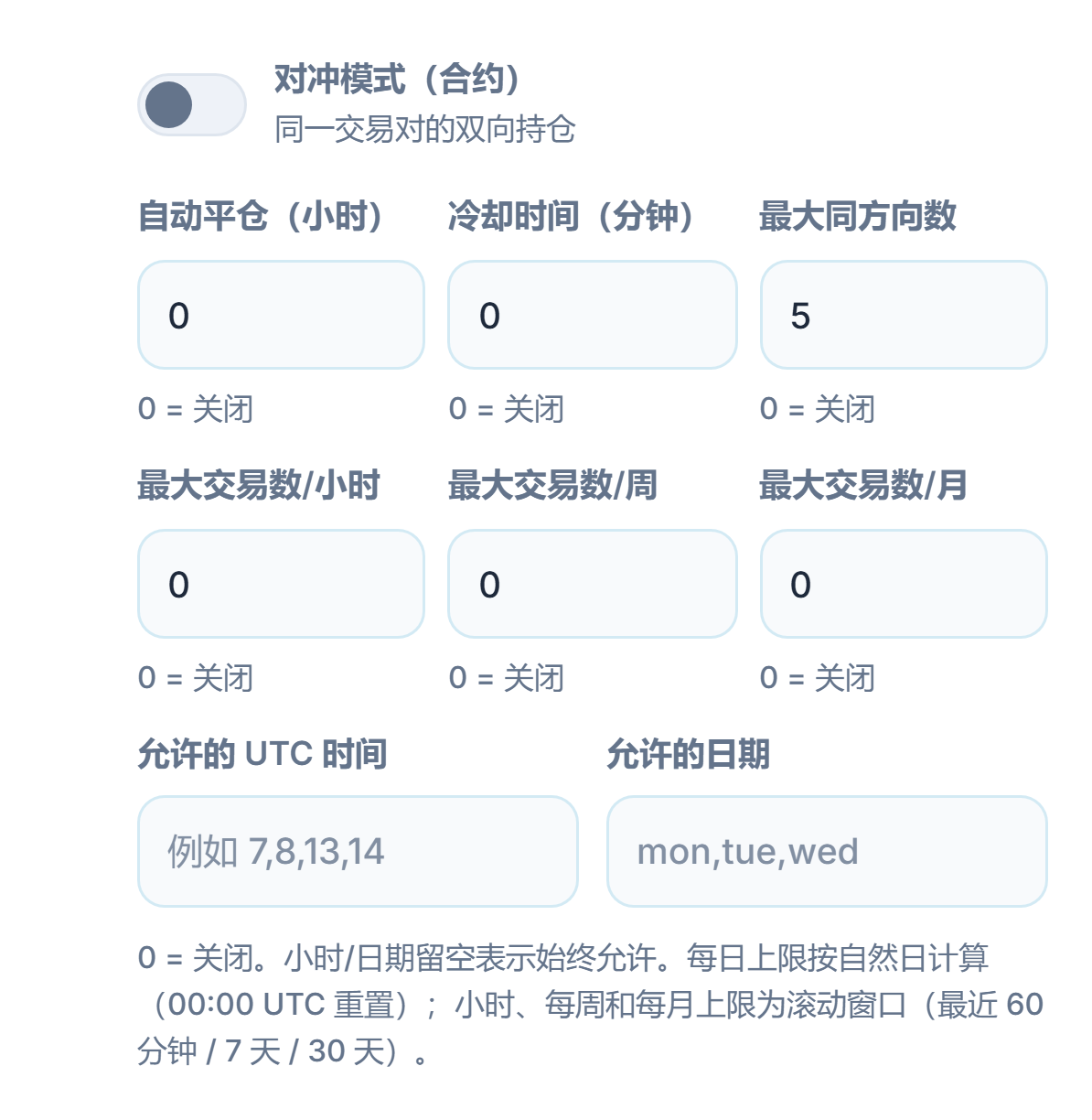 高级执行：对冲模式、自动平仓、冷却时间、最大同方向数、每小时/每周/每月交易限额、允许的 UTC 时间和允许的日期