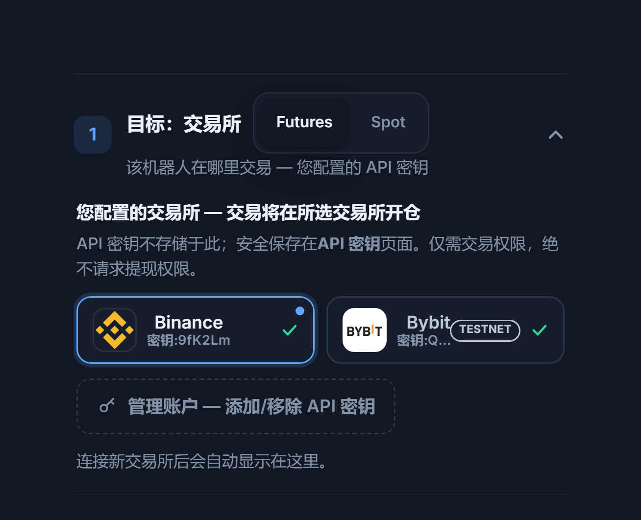连接 API 密钥后的目标：交易所部分：合约/现货选择、带蓝色边框的已选 Binance 卡片、带 TESTNET 标记的 Bybit 卡片，以及管理账户链接