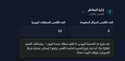 إدارة المخاطر: الحد الأقصى للمراكز المفتوحة 5 والحد الأقصى للصفقات اليومية 15
