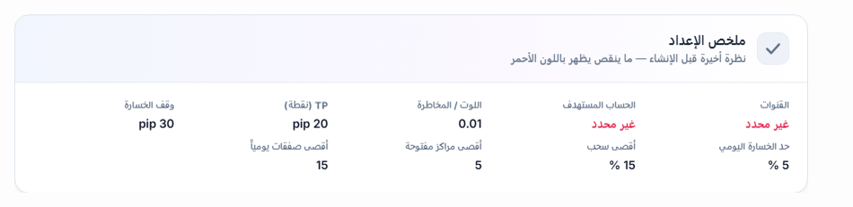 ملخص الإعداد: حقلا القناة والحساب المستهدف بالأحمر غير محدد، وقيم اللوت وTP ووقف الخسارة والخسارة اليومية والحدود