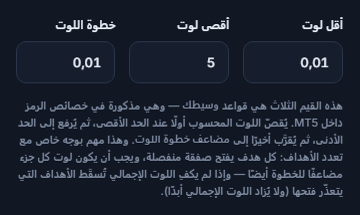 حقول أقل لوت 0.01 وأقصى لوت 5 وخطوة اللوت 0.01