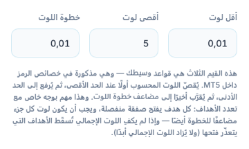 حقول أقل لوت 0.01 وأقصى لوت 5 وخطوة اللوت 0.01