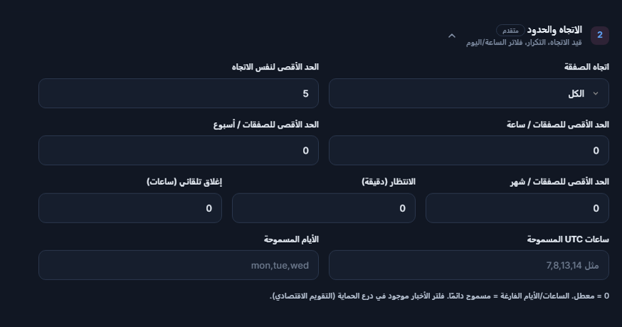 الاتجاه والحدود: اتجاه الصفقة والحد الأقصى لنفس الاتجاه وحدود الصفقات في الساعة والأسبوع والشهر، والانتظار والإغلاق التلقائي والساعات والأيام المسموحة