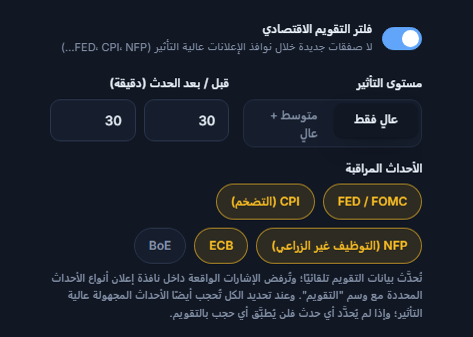 فلتر التقويم الاقتصادي: المفتاح مفعّل ومستوى التأثير والدقائق قبل الخبر وبعده وأنواع الأحداث