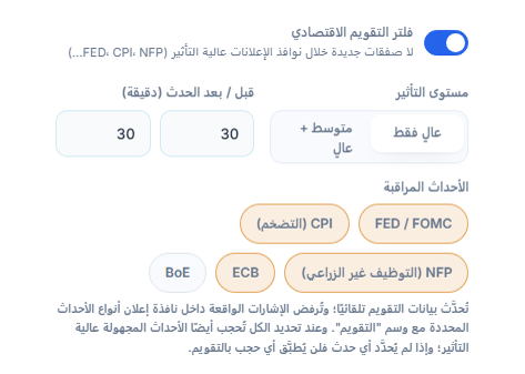 فلتر التقويم الاقتصادي: المفتاح مفعّل ومستوى التأثير والدقائق قبل الخبر وبعده وأنواع الأحداث