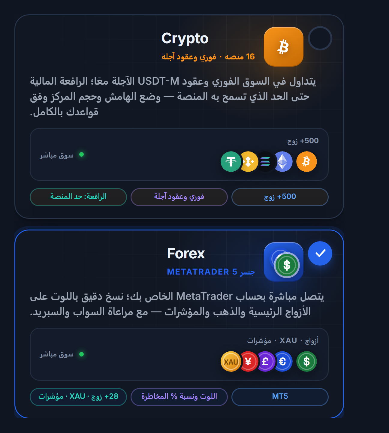 اختيار السوق: بطاقتا العملات الرقمية والفوركس، وبطاقة الفوركس محددة
