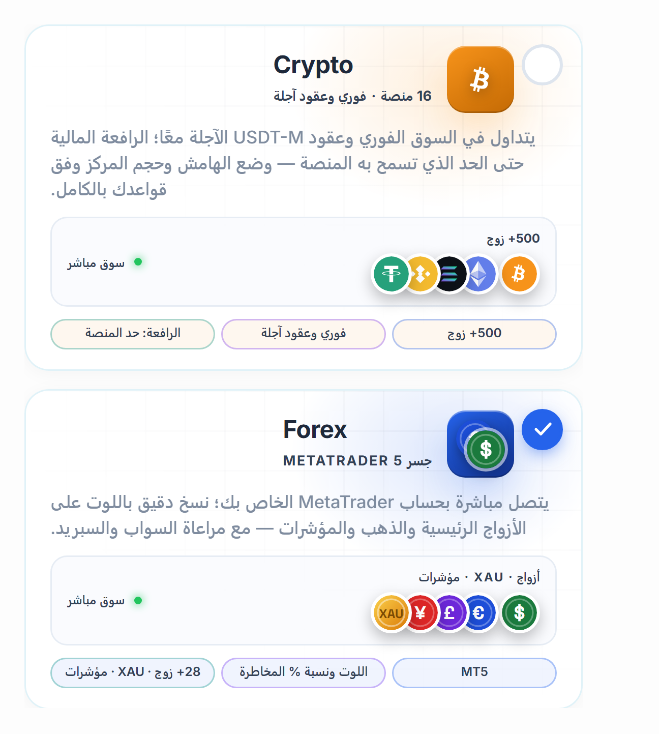 اختيار السوق: بطاقتا العملات الرقمية والفوركس، وبطاقة الفوركس محددة