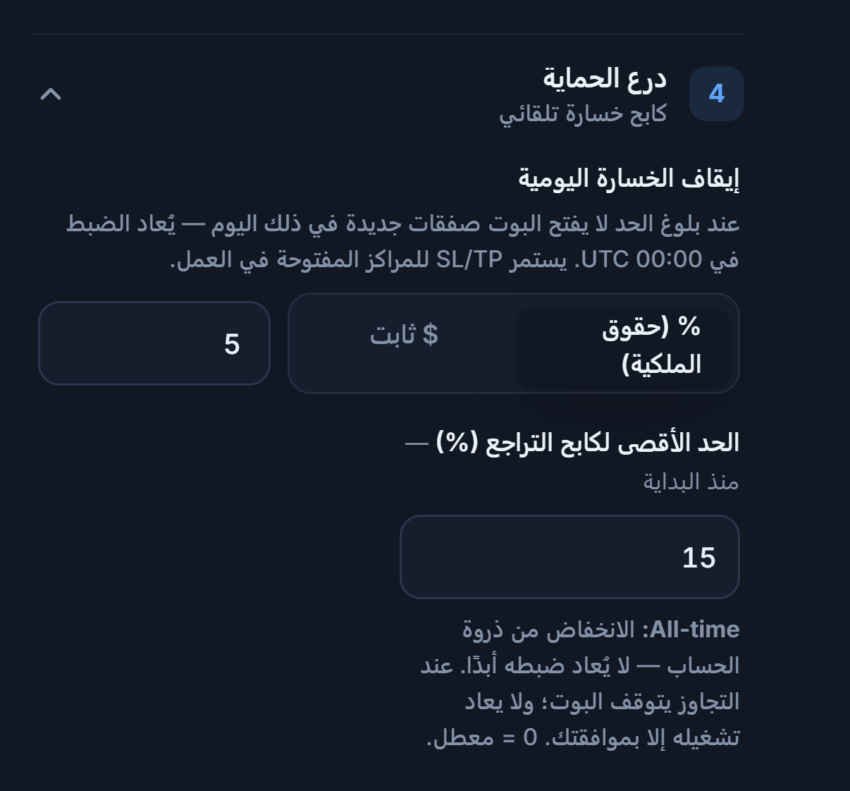 درع الحماية: إيقاف الخسارة اليومية 5 بالمئة وكابح أقصى تراجع 15 بالمئة