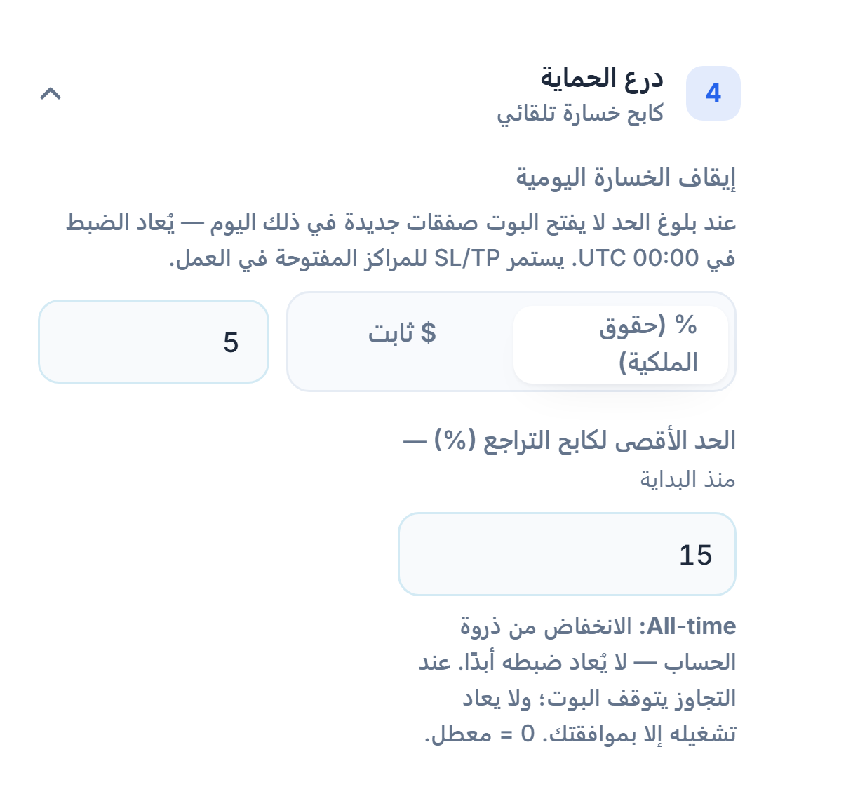 درع الحماية: إيقاف الخسارة اليومية 5 بالمئة وكابح أقصى تراجع 15 بالمئة