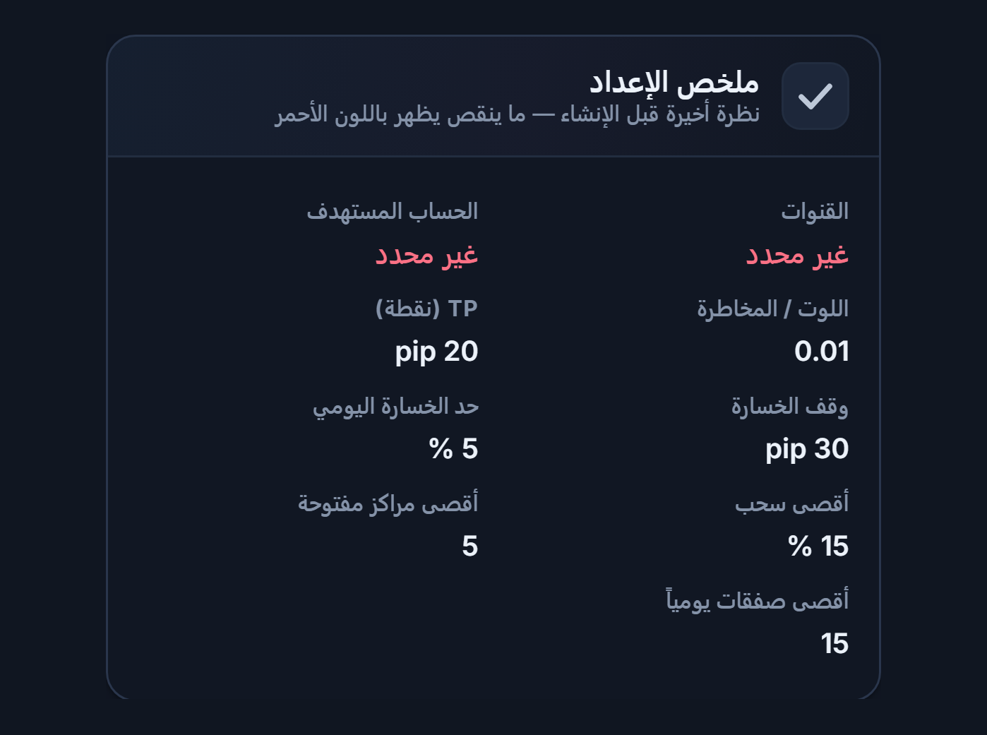 ملخص الإعداد: حقلا القناة والحساب المستهدف بالأحمر غير محدد، وقيم اللوت وTP ووقف الخسارة والخسارة اليومية والحدود