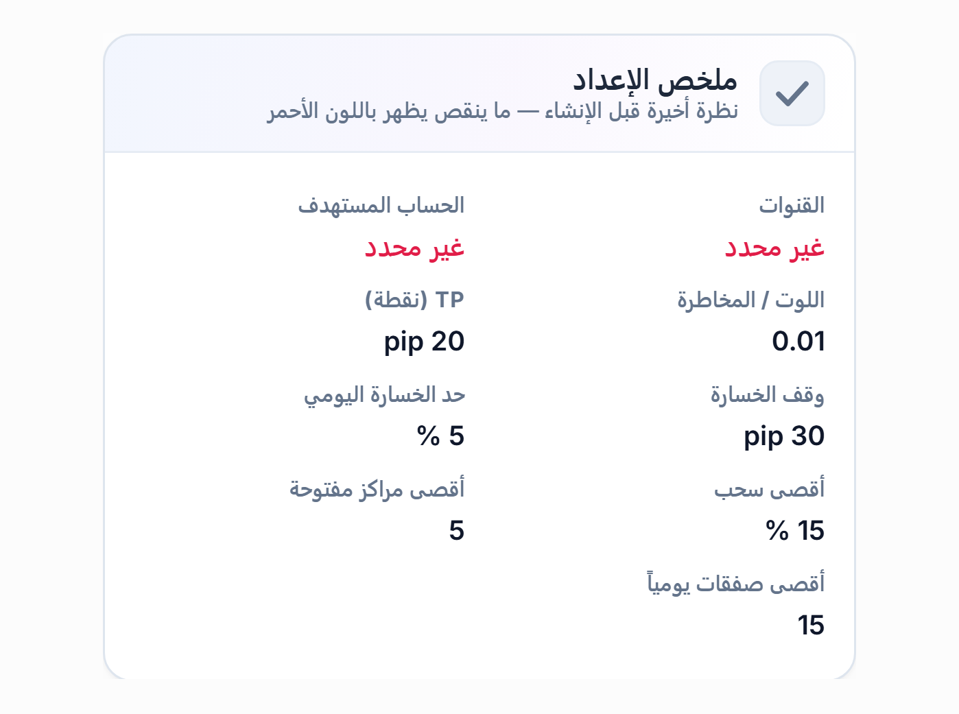 ملخص الإعداد: حقلا القناة والحساب المستهدف بالأحمر غير محدد، وقيم اللوت وTP ووقف الخسارة والخسارة اليومية والحدود