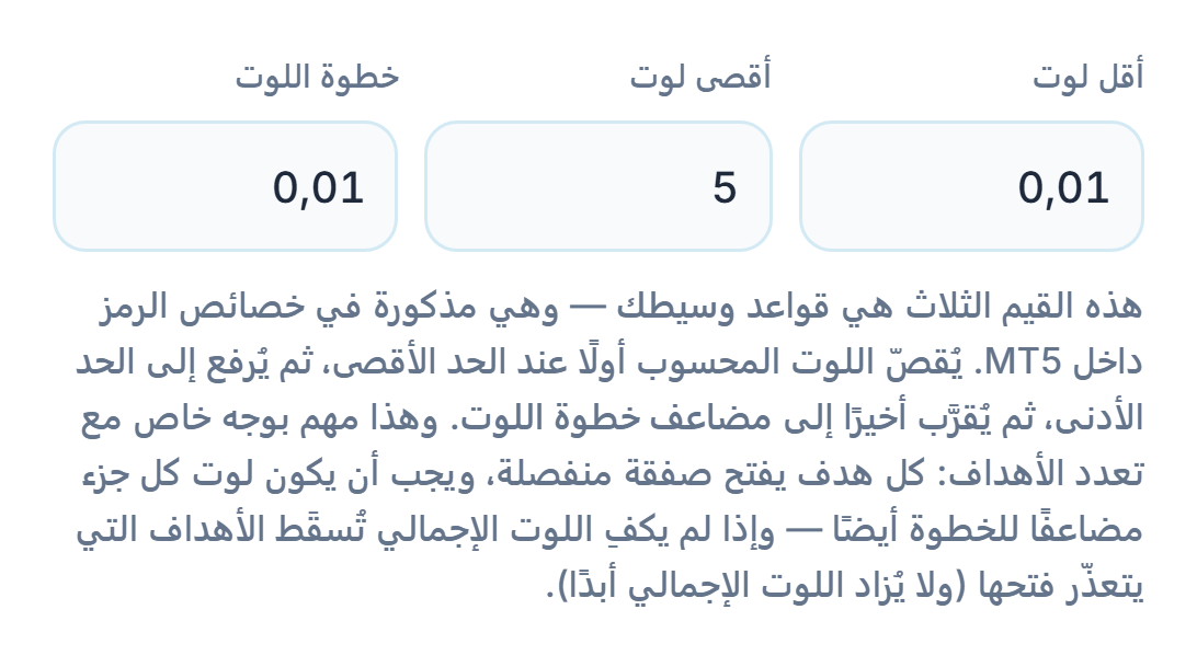 حقول أقل لوت 0.01 وأقصى لوت 5 وخطوة اللوت 0.01