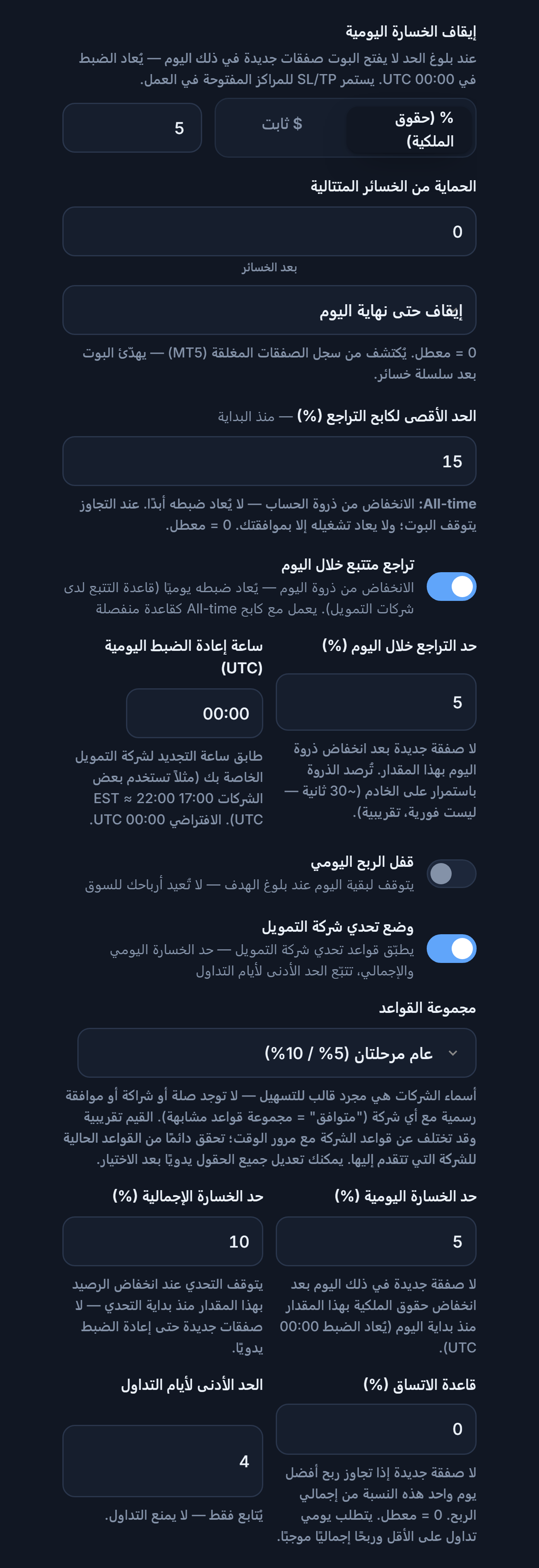 درع الحماية المتقدم: إيقاف الخسارة اليومية والحماية من الخسائر المتتالية وأقصى سحب وتراجع متتبع خلال اليوم وقفل الربح اليومي ووضع تحدي شركة التمويل ومجموعة القواعد