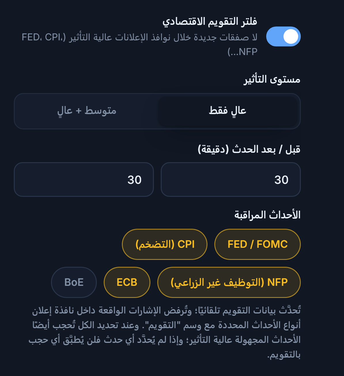 فلتر التقويم الاقتصادي: المفتاح مفعّل ومستوى التأثير والدقائق قبل الخبر وبعده وأنواع الأحداث