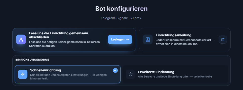 Oberer Teil des Bildschirms Bot konfigurieren: Einrichtungsassistent mit Schaltfläche Loslegen, Karten Schnelleinrichtung und Erweiterte Einrichtung