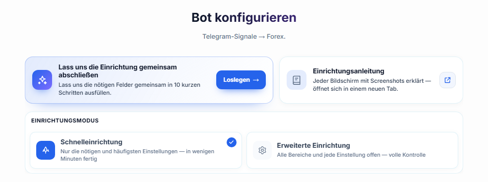 Oberer Teil des Bildschirms Bot konfigurieren: Einrichtungsassistent mit Schaltfläche Loslegen, Karten Schnelleinrichtung und Erweiterte Einrichtung