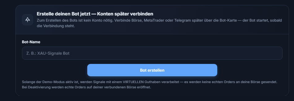 Panel Bot jetzt erstellen: Feld Bot-Name und Schaltfläche Bot erstellen