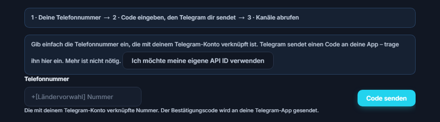 Telegram-Verbindung: Schrittleiste, Feld Telefonnummer und Schaltfläche Code senden