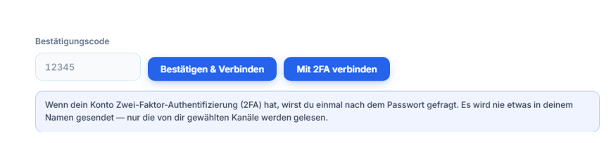 Feld Bestätigungscode und Schaltfläche Bestätigen & Verbinden