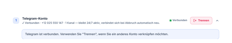 Abschnitt Telegram-Konto nach der Verbindung: grünes Badge Verbunden, Schaltfläche Trennen und Hinweis, dass Telegram verbunden ist