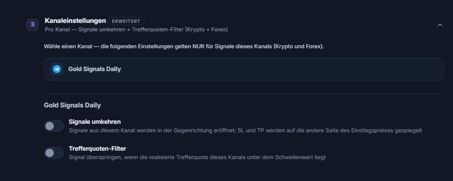 Akkordeon Kanaleinstellungen: Zeile des ausgewählten Kanals umrandet, darunter die Schalter Signale umkehren und Trefferquoten-Filter