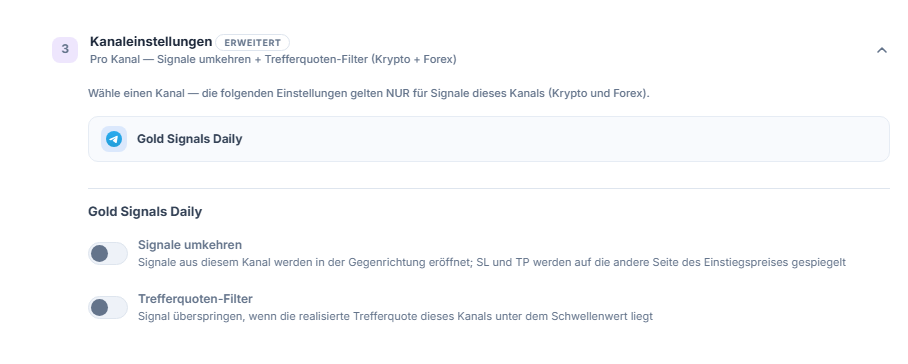 Akkordeon Kanaleinstellungen: Zeile des ausgewählten Kanals umrandet, darunter die Schalter Signale umkehren und Trefferquoten-Filter