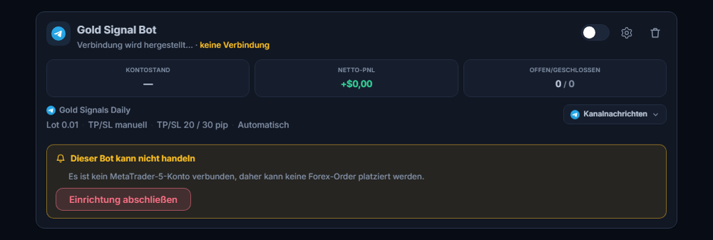 Neu erstellte Forex-Bot-Karte im Panel Meine Bots: Bot-Name und Quelle, Liste Dieser Bot kann nicht handeln und Schaltfläche Einrichtung abschließen
