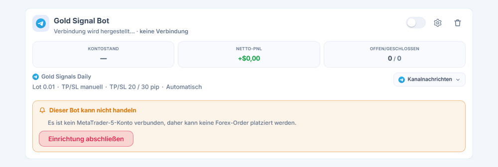 Neu erstellte Forex-Bot-Karte im Panel Meine Bots: Bot-Name und Quelle, Liste Dieser Bot kann nicht handeln und Schaltfläche Einrichtung abschließen