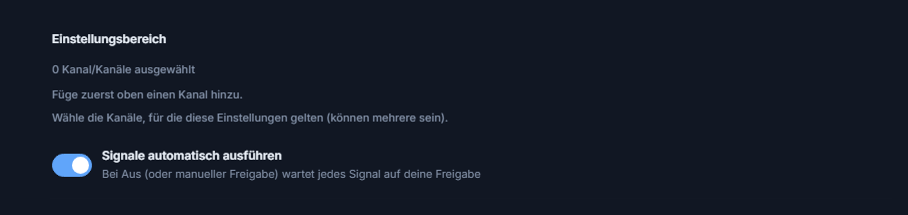 Oberer Teil der Forex-Einrichtung: Einstellungsbereich und eingeschalteter Schalter Signale automatisch ausführen