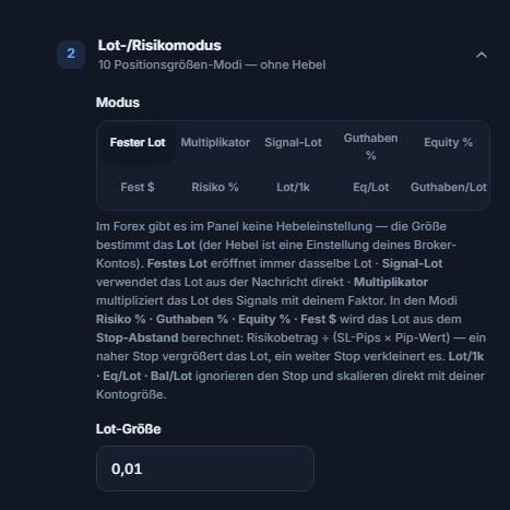 Abschnitt Lot-/Risikomodus: Fester Lot ausgewählt und Feld Lot-Größe 0.01