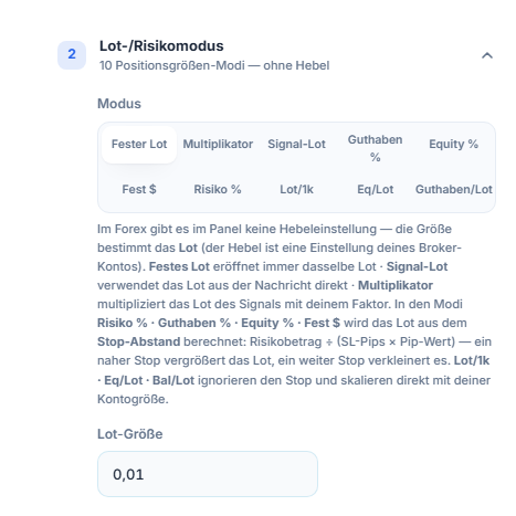 Abschnitt Lot-/Risikomodus: Fester Lot ausgewählt und Feld Lot-Größe 0.01