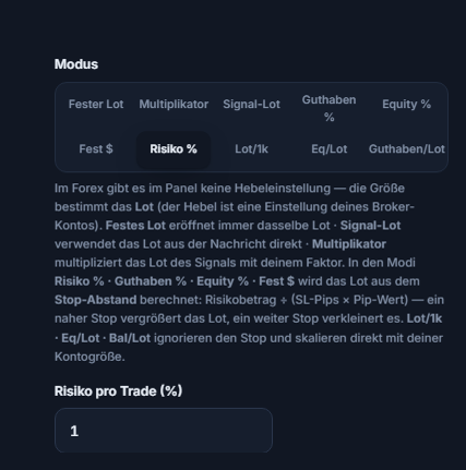 Lot-/Risikomodus: Risiko % ausgewählt und Feld Risiko pro Trade (%)