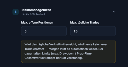 Risikomanagement: Max. offene Positionen 5 und Max. tägliche Trades 15